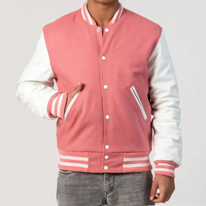 Men's Pink and Bright White Wool Varsity Jacket image 0
