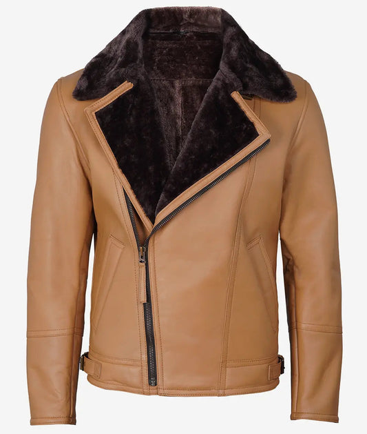 Men's Camel Brown Shearling Moto Leather Jacket image 0