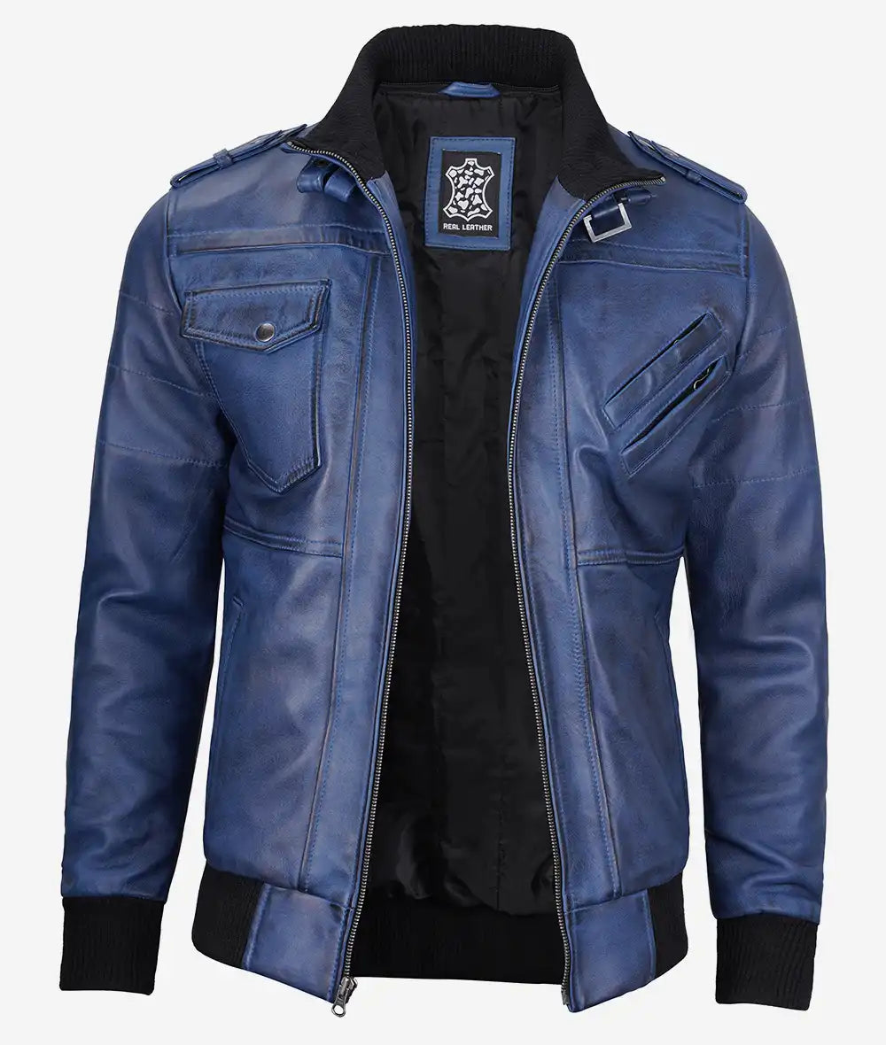 Men's Blue Wax Leather Bomber Jacket with Removable Hood image 1