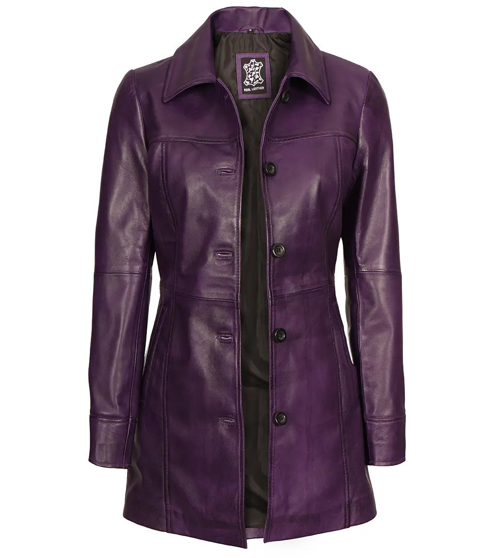 Women's Purple 3/4 Length Button Down Leather Coat image 1