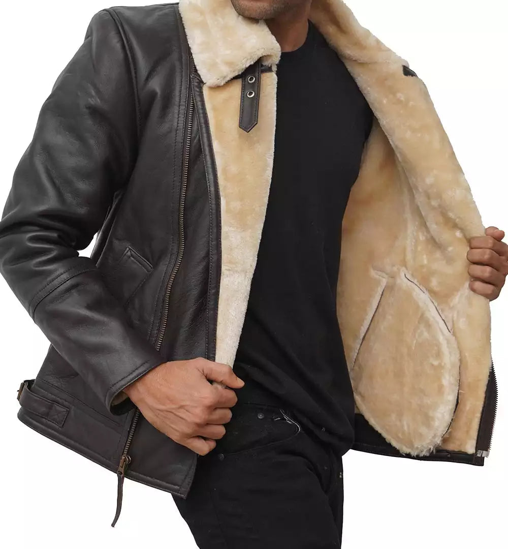 Men's Dark Brown Shearling Bomber Leather Jacket image 1