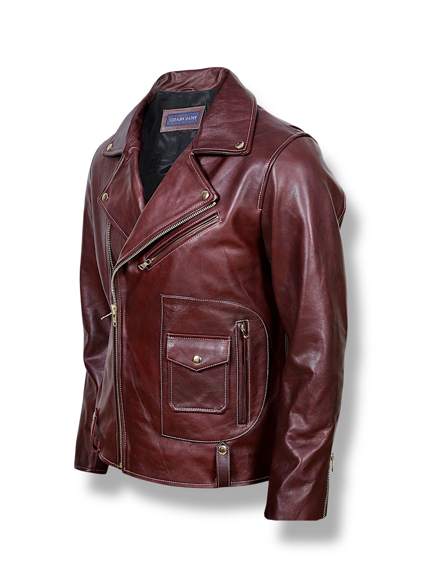 Rouven maroon leather biker jacket for men – side view