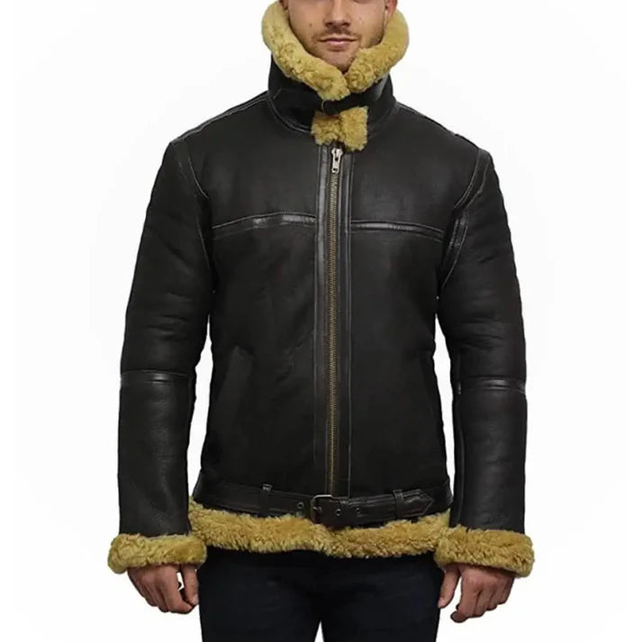 Men's Black Faux Shearling Bomber Real Leather Jacket image 1