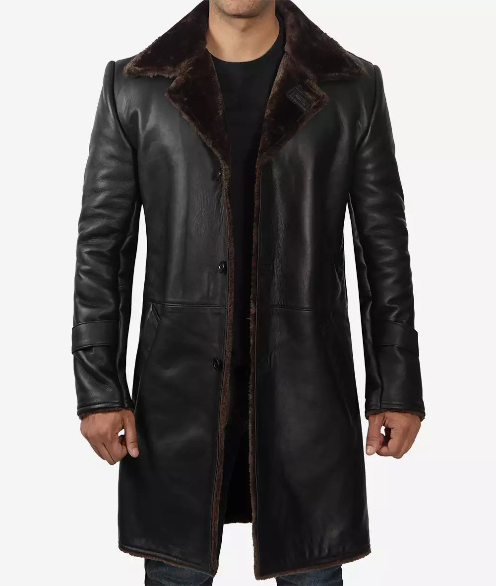 Men's Black 3/4 Length Shearling Coat - Winter Coat image 1