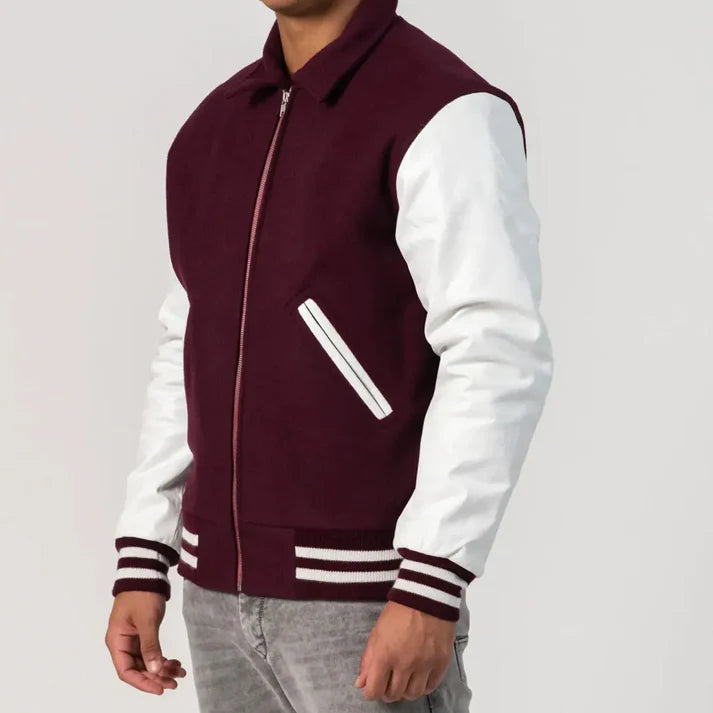 Men's Maroon & White Wool Varsity Jacket image 1