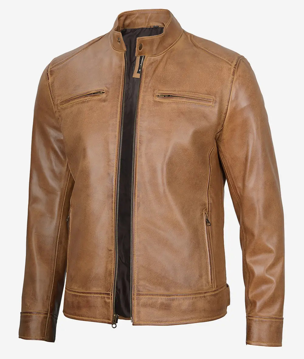 Men's Camel Brown Distressed Cafe Racer Real Leather Jacket image 1
