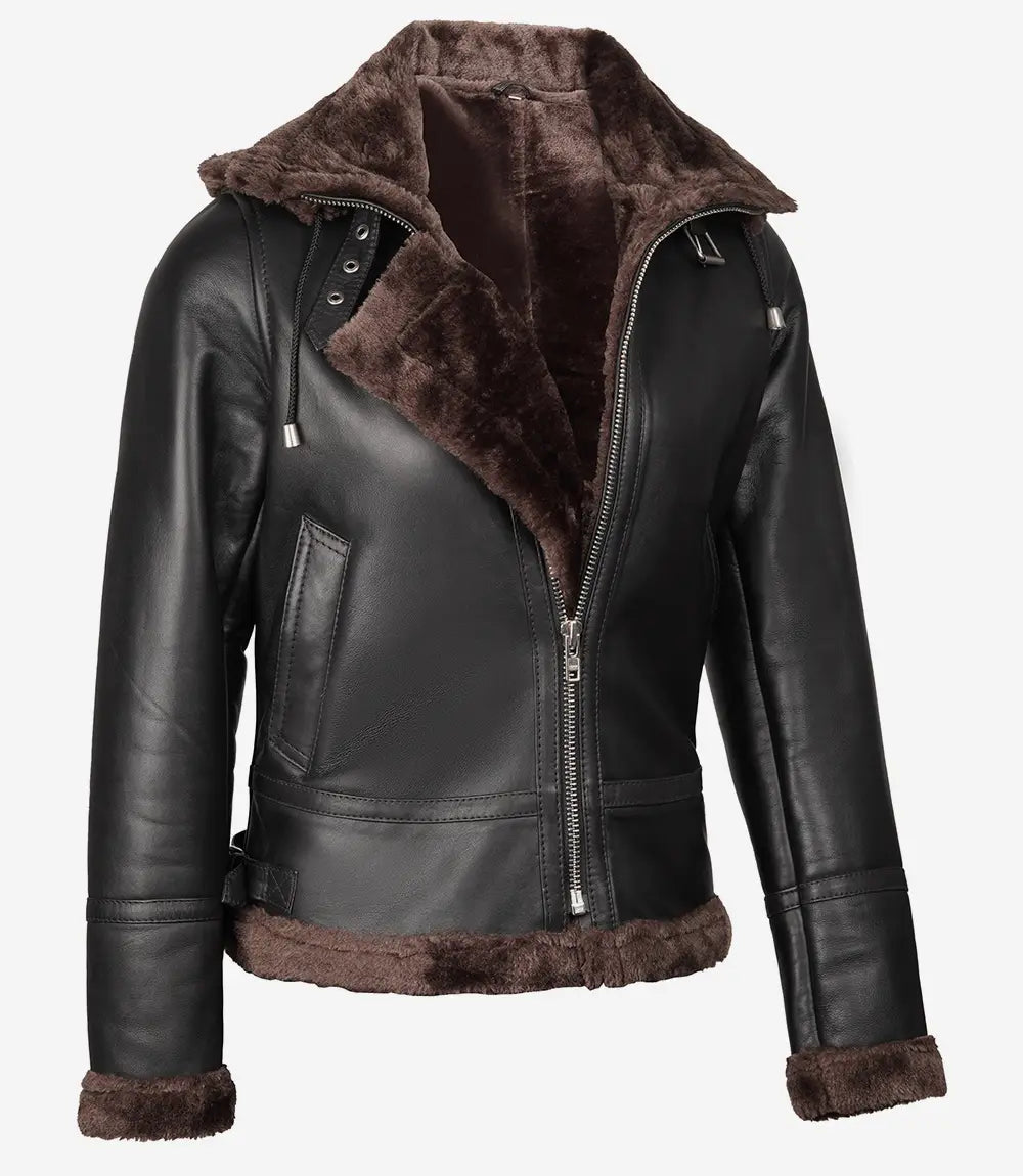 Women's B3 Dark Brown Shearling Bomber Leather Jacket image 1