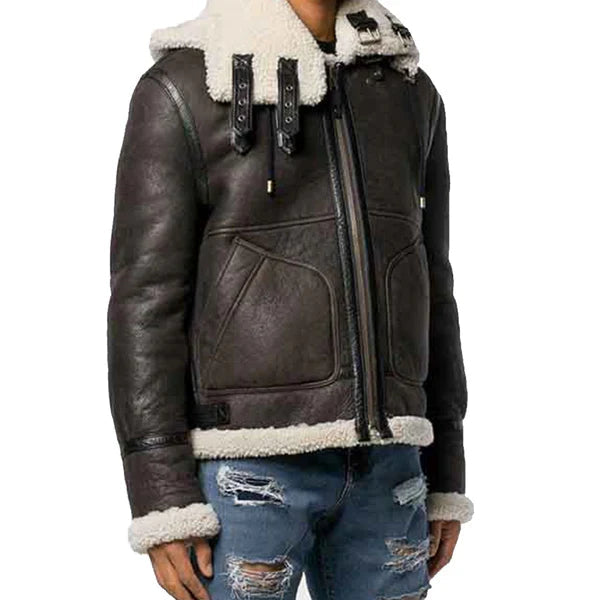 Men's Hooded Faux Shearling Brown Leather Jacket image 1