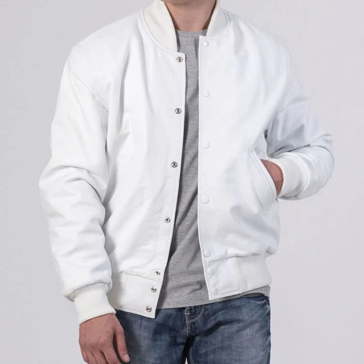 Men's Full White Leather Varsity Jacket image 1