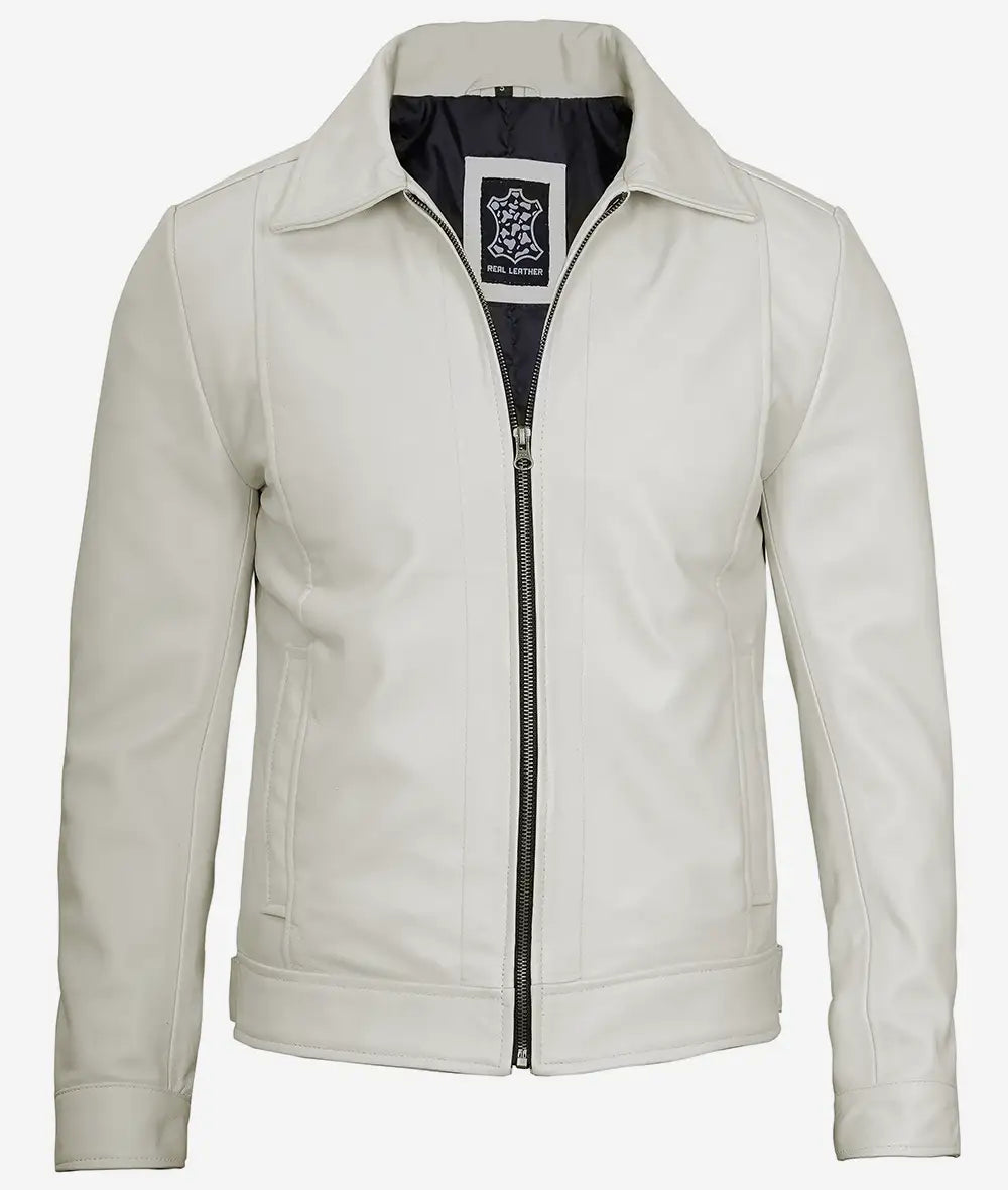 Men's Off White Shirt Collar Real Leather Jacket image 1