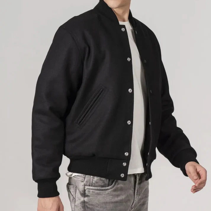 Men's Sleek Black Customizable All-Wool Varsity Jacket image 1