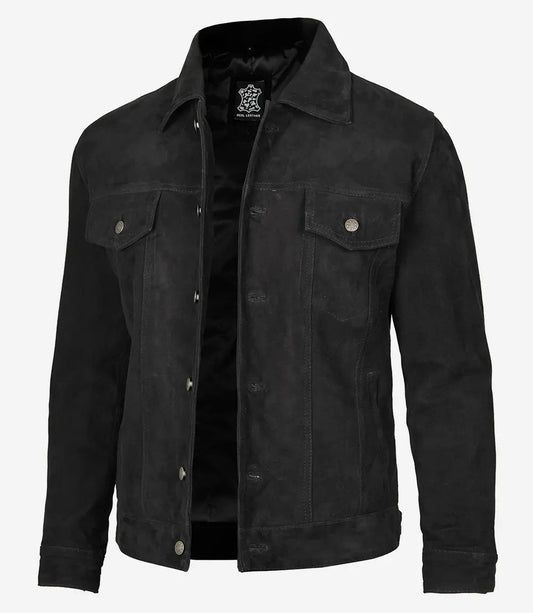 Men's Classical Black Suede Trucker Jacket image 1