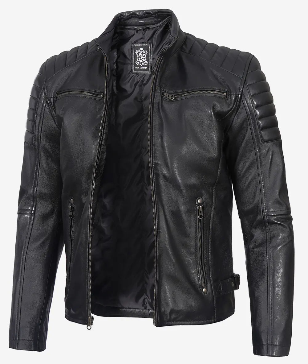 Men's Black Quilted Cafe Racer Leather Jacket image 0