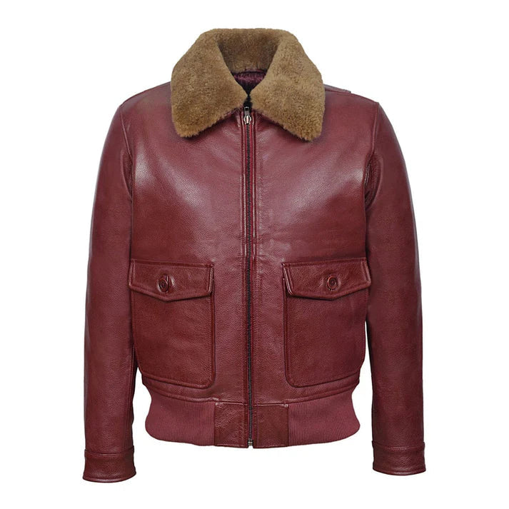 Men's Aviator Jet Fighter Maroon Faux Shearling Bomber Leather Jacket image 0