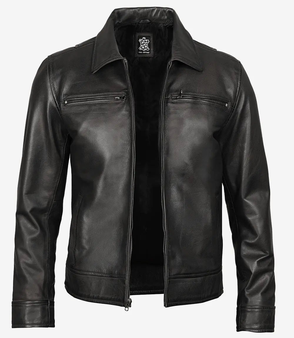 Men's Classic Shirt Style Black Leather Jacket image 1