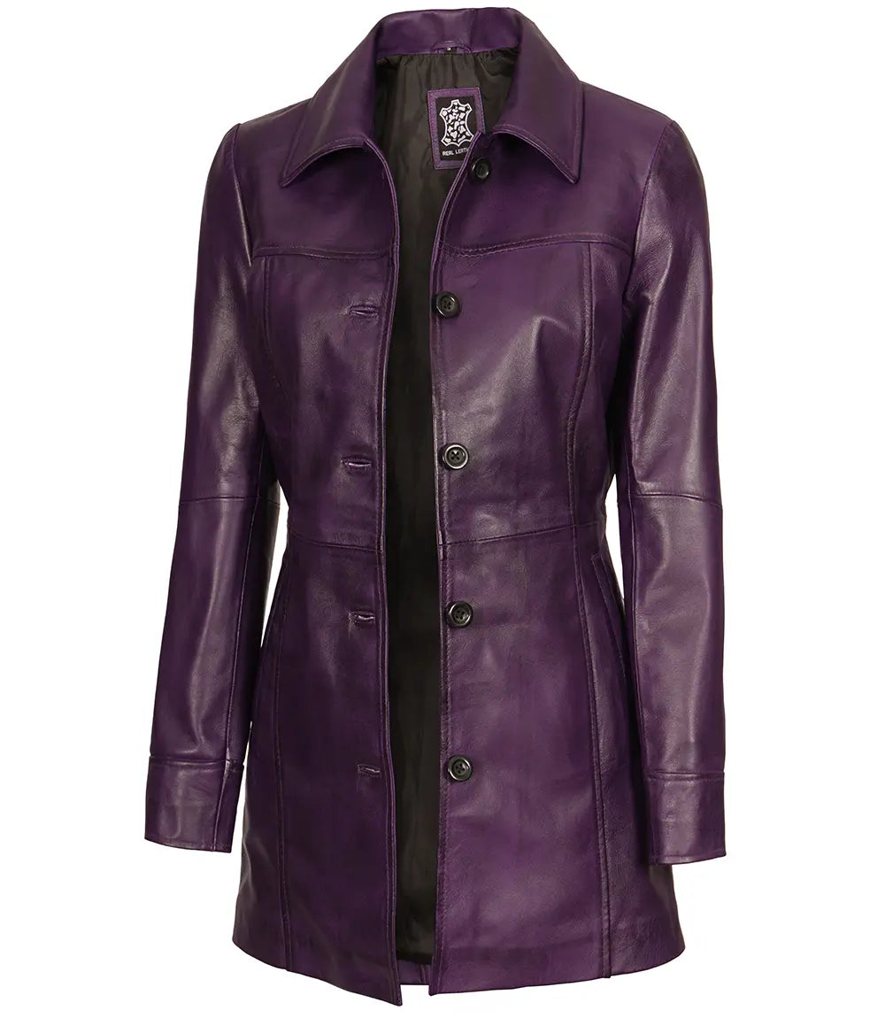 Women's Purple 3/4 Length Button Down Leather Coat image 0