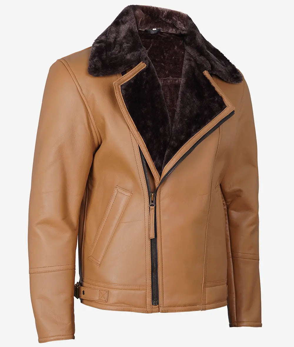 Men's Camel Brown Shearling Moto Leather Jacket image 1