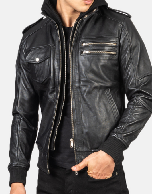 Bravado Black Hooded Leather Bomber Jacket image 0