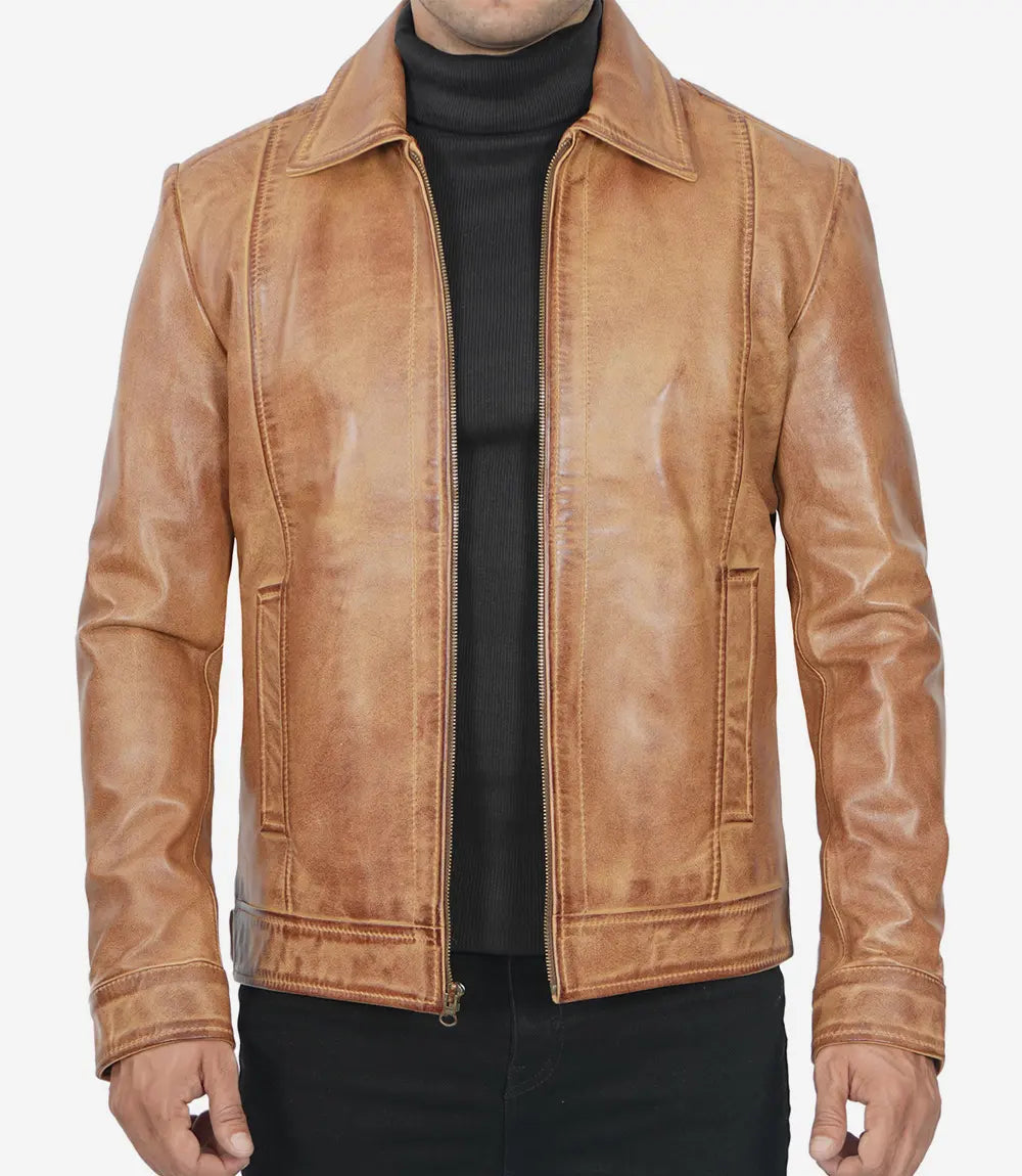 Men's Brown Shirt Collar Leather Jacket image 1