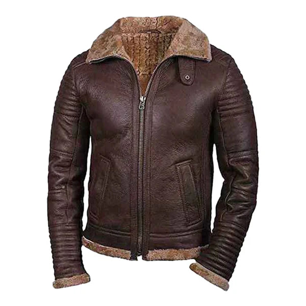 Men's Faux Shearling Brown Zipper Leather Jacket image 0