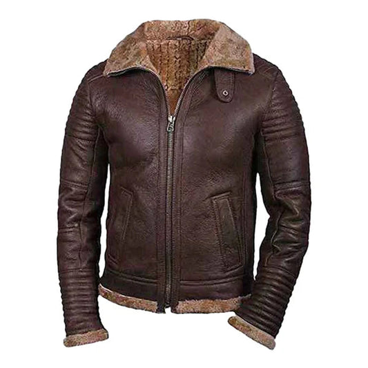 Men's Faux Shearling Brown Zipper Leather Jacket image 0