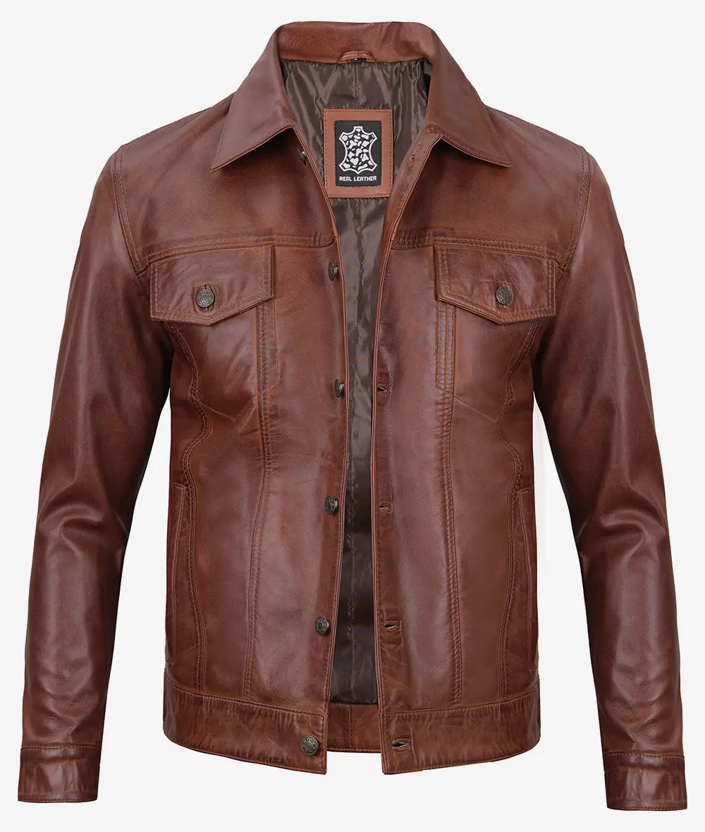 Men's Cognac Trucker Leather Jacket image 1