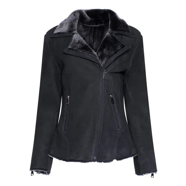 Women's Black Shearling Straight Moto Leather Jacket image 0
