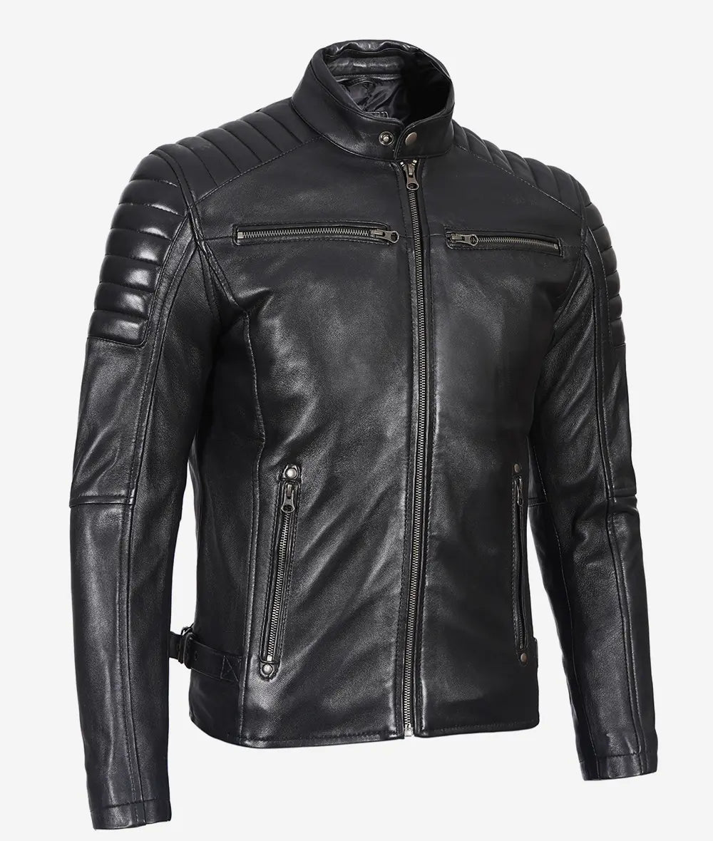 Men's Black Quilted Cafe Racer Leather Jacket image 1