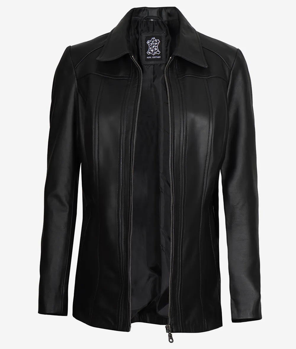 Marsha Women's Black 3/4 Long Leather Coat image 1
