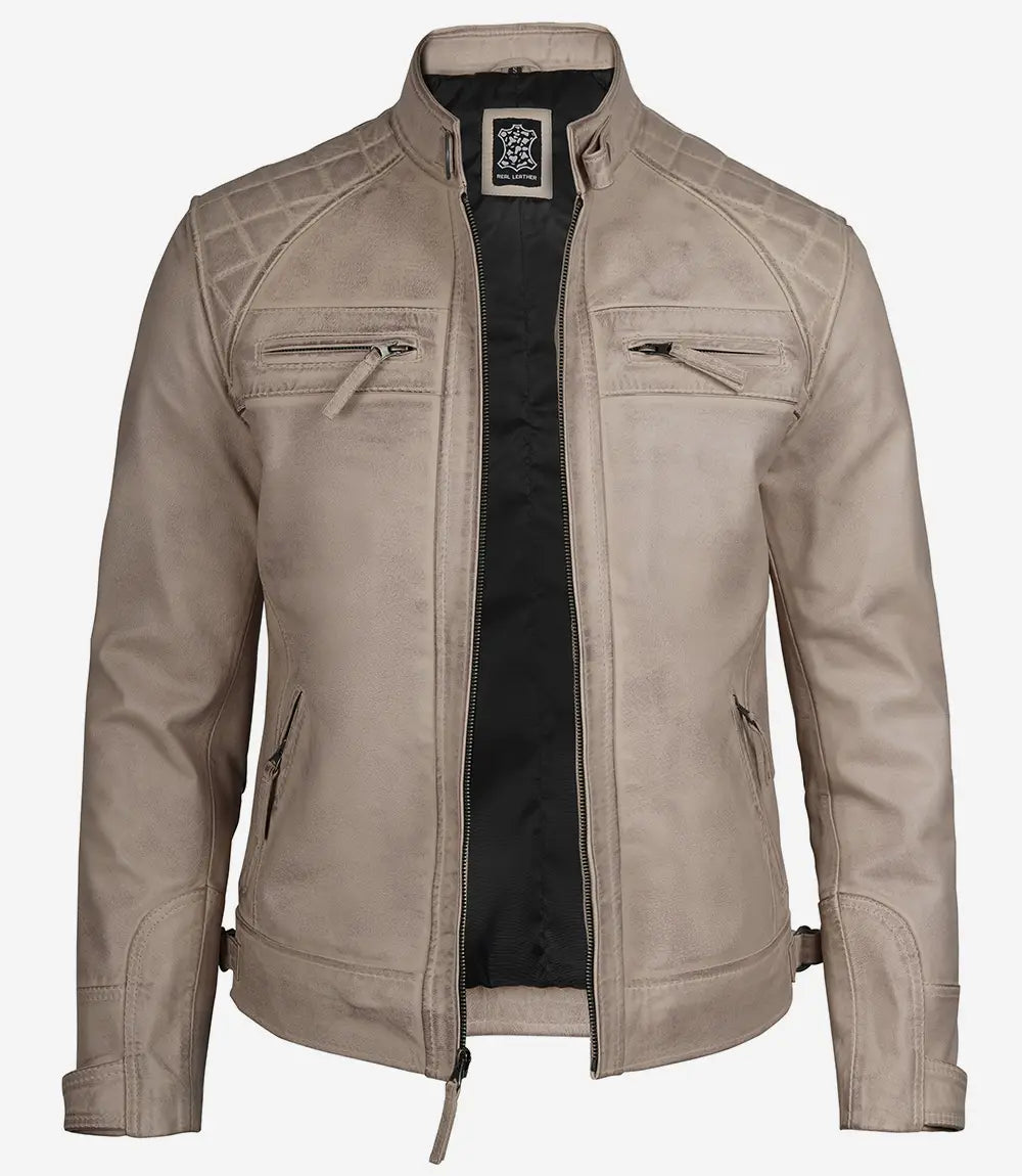 Men's Cafe Racer Quilted Shoulder Beige Leather Jacket image 1