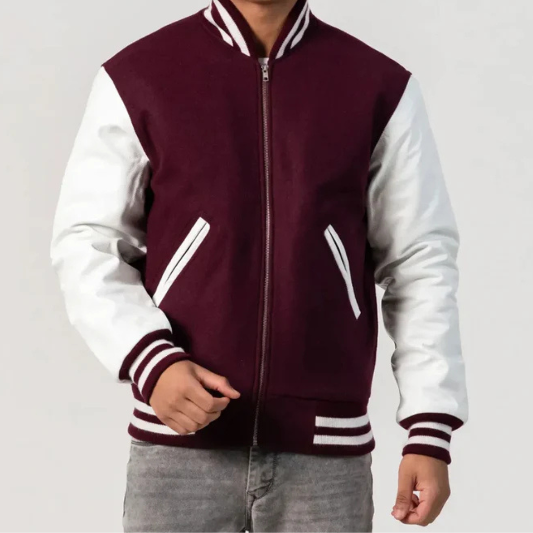 Men's Maroon and White Wool Varsity Jacket image 0