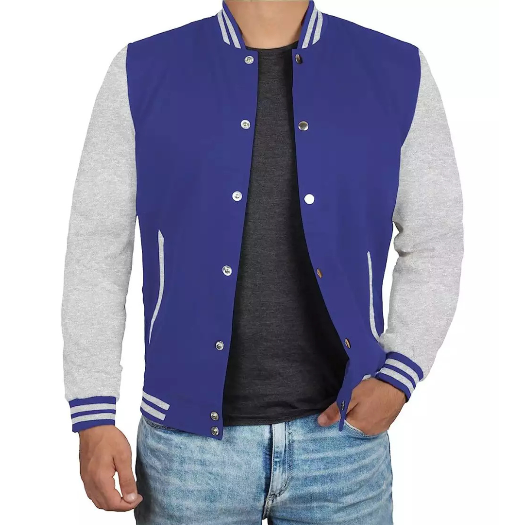 Men's Blue and Grey Varsity Jacket - Baseball Style Jacket image 0