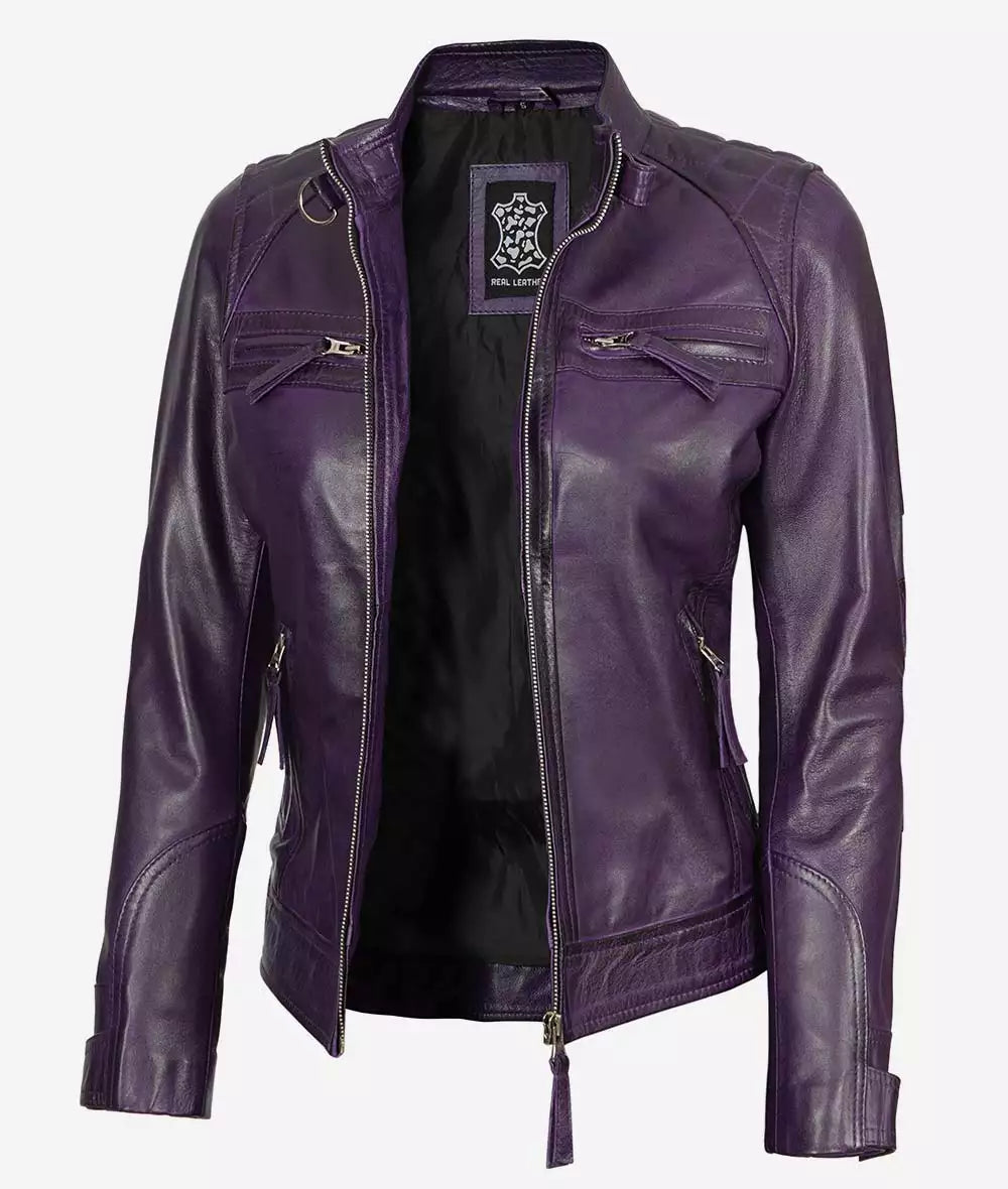 Women's Purple Cafe Racer Leather Jacket | Quilted Shoulder image 0