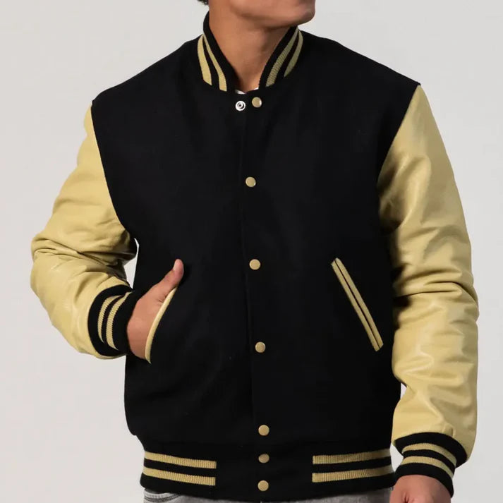 Black Melton Wool Varsity Jacket with Vegas Gold Leather Sleeves image 1