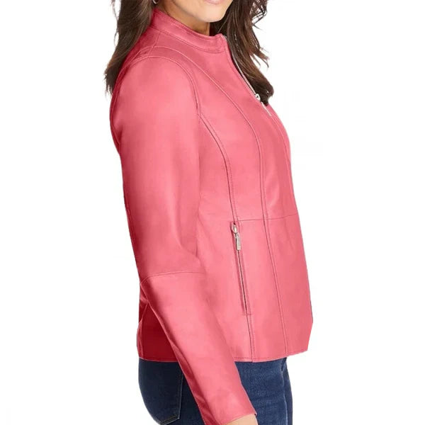 Women's Pink Front Zip Leather Jacket image 1