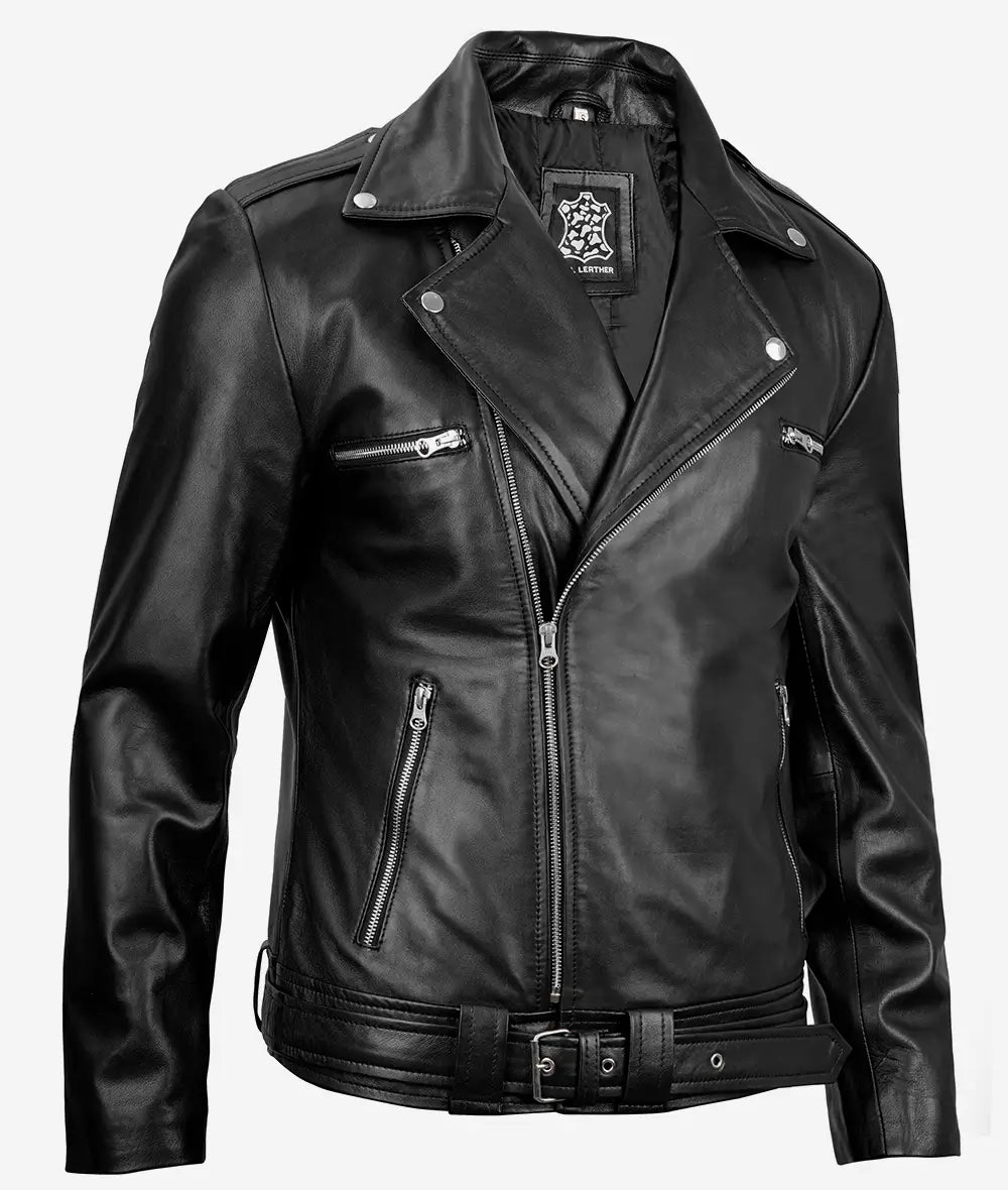 Men's Negan Black Asymmetrical Moto Leather Jacket image 1