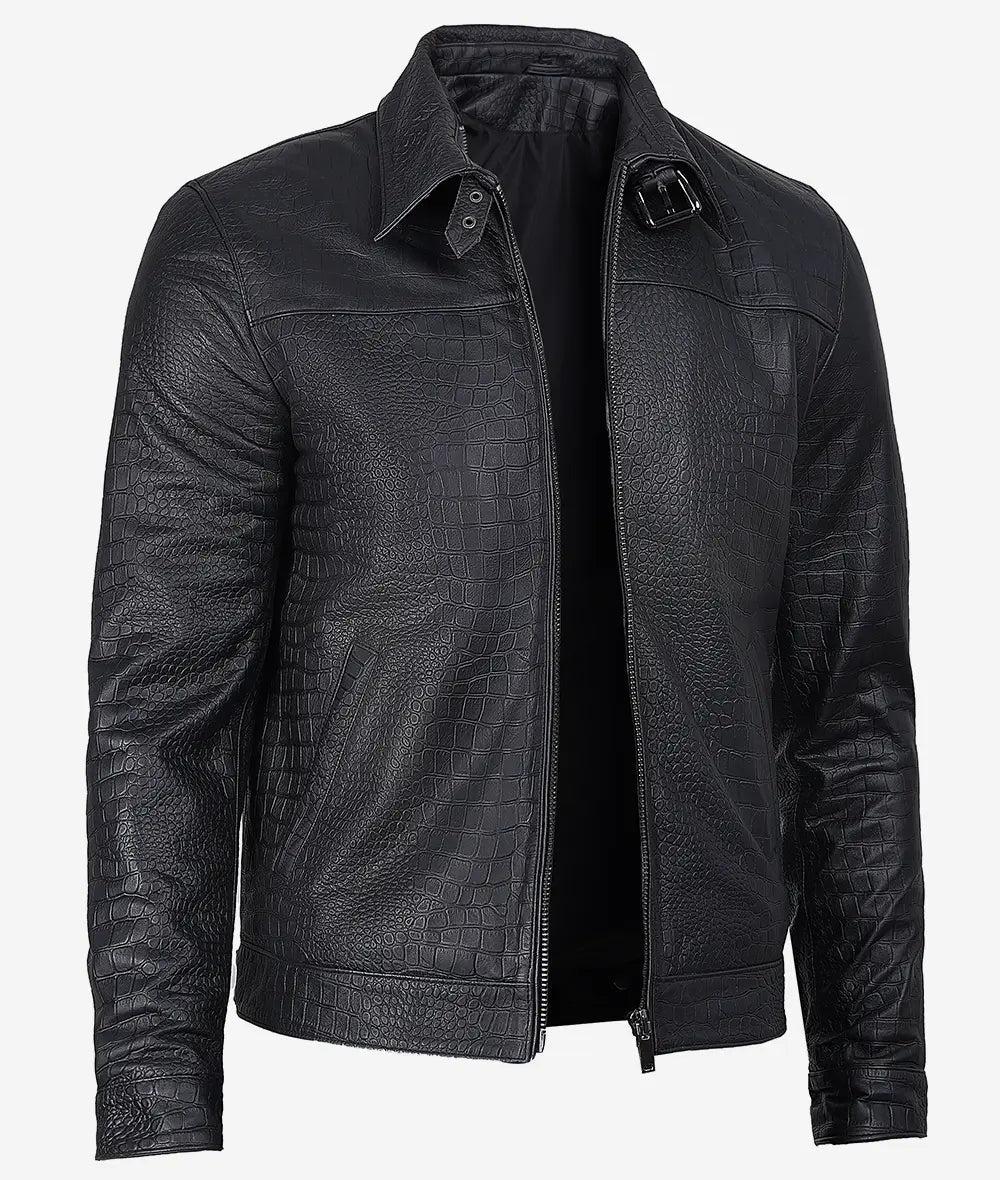 Men's Black Crocodile-Embossed Calfskin Bomber Jacket : GRANDEUR EDITION image 0