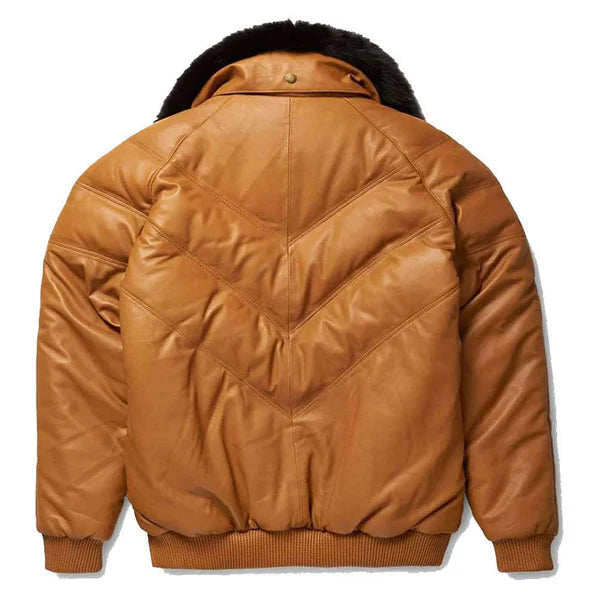 Men's V-Bomber Faux Shearling Brown Leather Jacket image 1