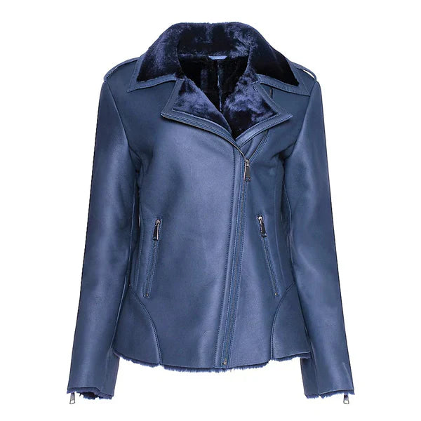Women's Blue Shearling Straight Leather Jacket image 0