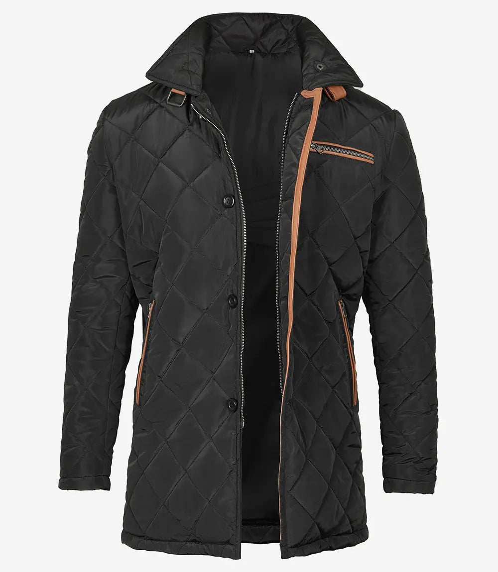 Men's Black Quilted 3/4 Length Polyester Coat - Brown Detailing image 1