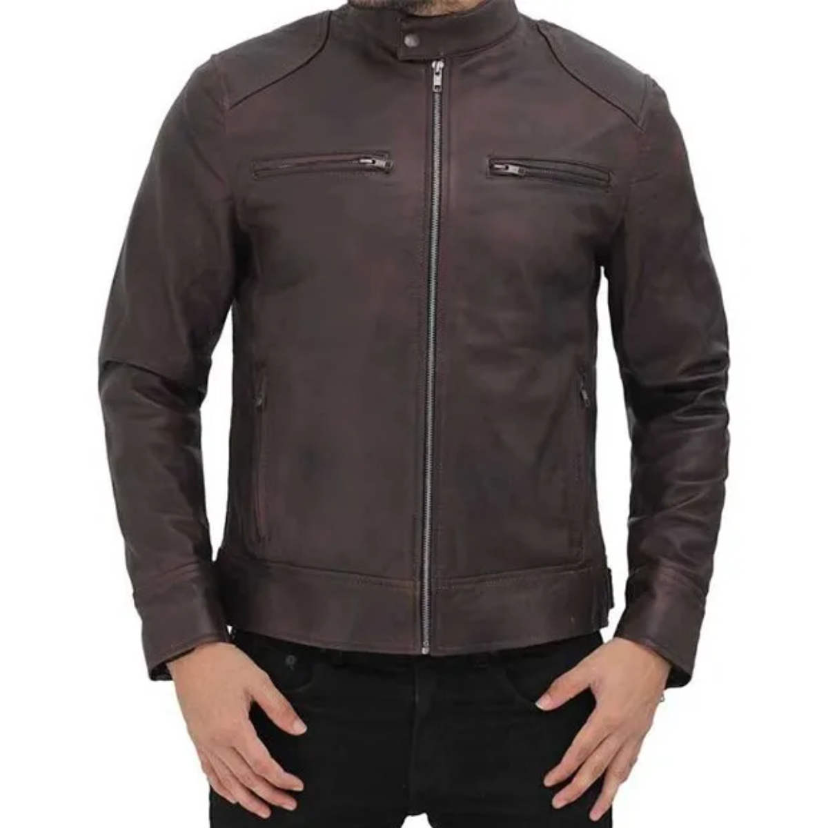 Dodge Men Brown Cafe Racer Leather Jacket image 1