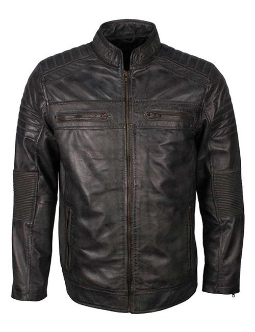 Vintage Style Mens Cafe Racer Grey Waxed Leather Jacket image 0