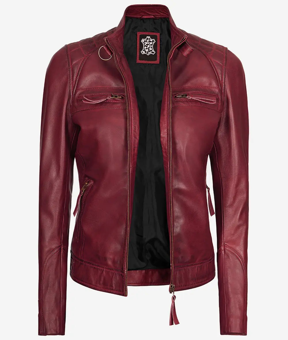 Women's Real Lambskin Maroon Leather Motorcycle Jacket image 1