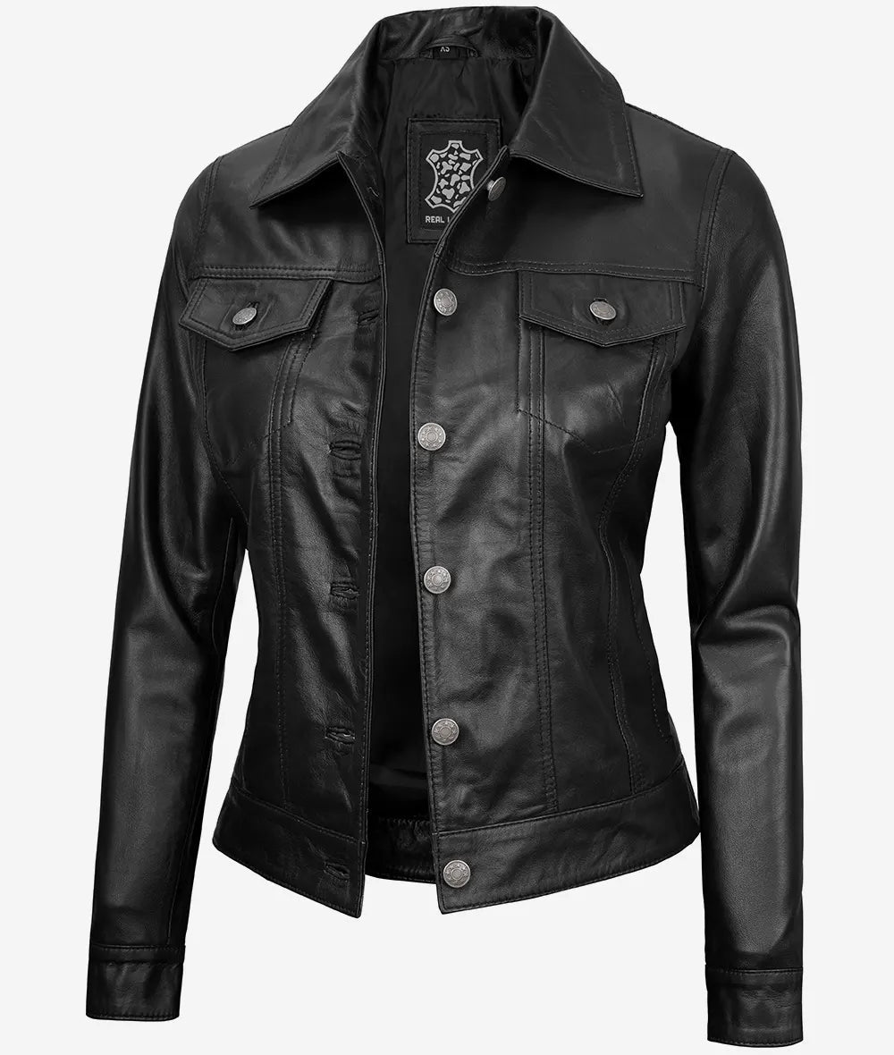 Women's Black Four-Pocket Lambskin Leather Trucker Jacket image 0