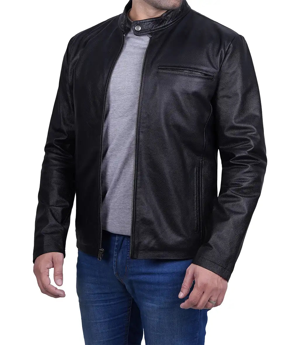 Men's Premium Black Cowhide Cafe Racer Leather Jacket image 0