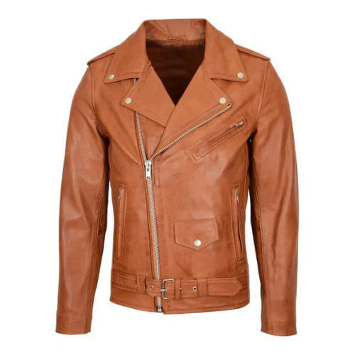 Men's Brando Biker Tan Leather Jacket image 0