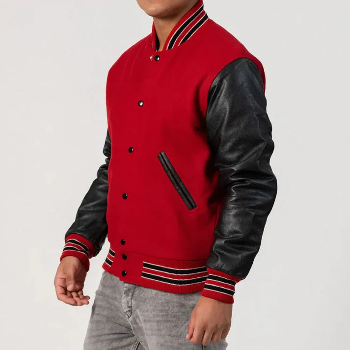 Men's Scarlet Red & Black Wool Varsity Jacket image 1