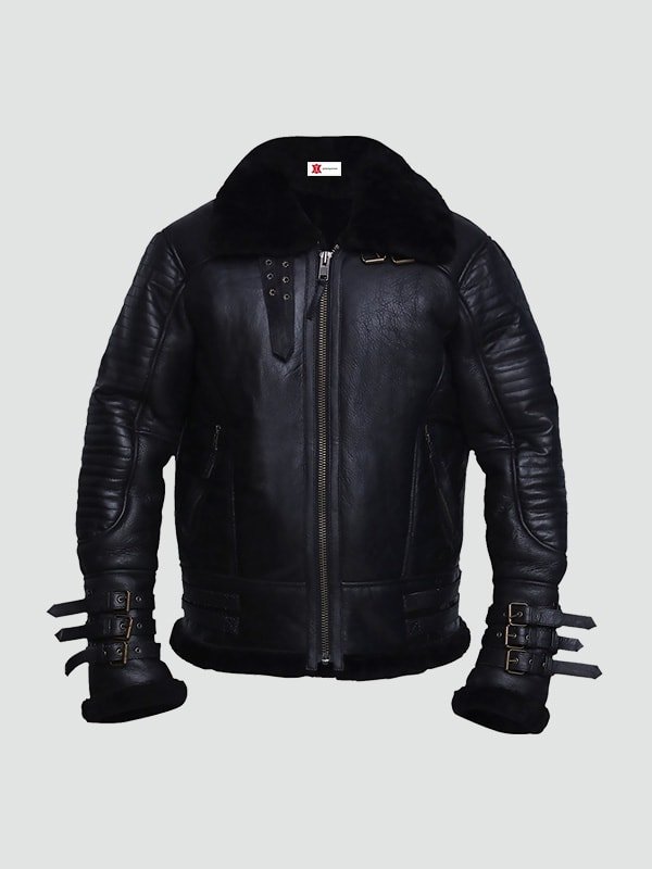Mens Black Shearling Biker Leather Jacket image 0