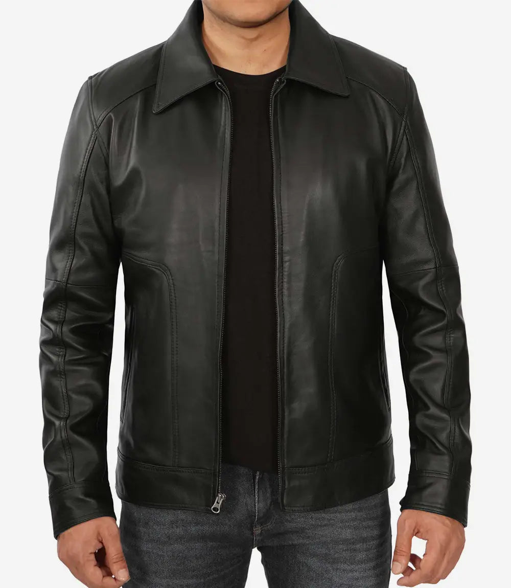 Men's Classic Black Shirt Collar Leather Jacket image 1