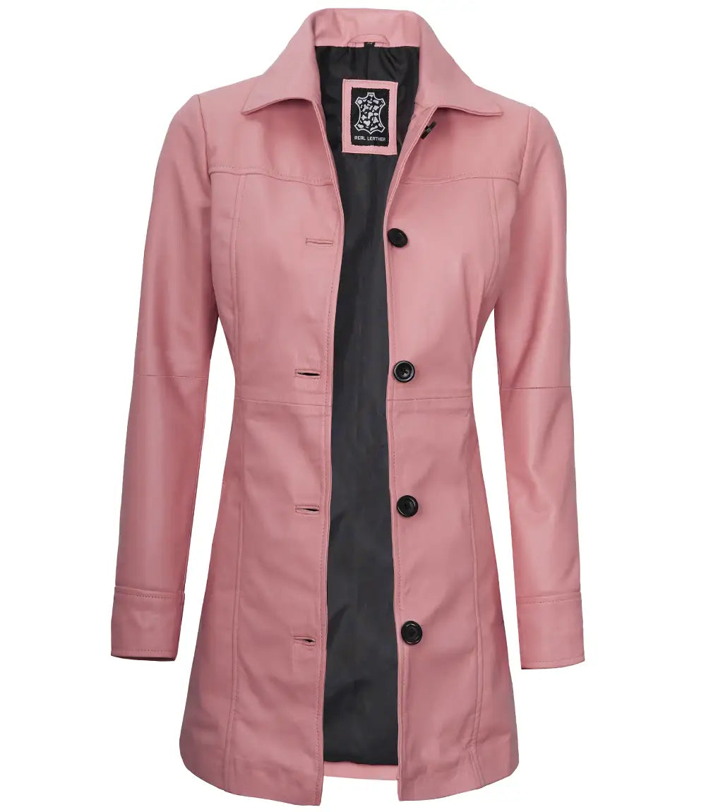 Women's Pink Button Down Real Leather Car Coat image 1
